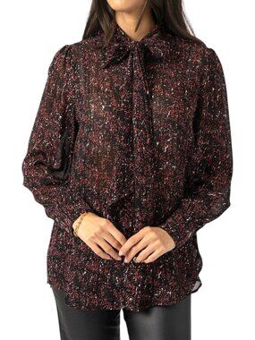 NEW Saint + Sofia Paxton Blouse Red Ditsy Leopard Women Size 6 Button Up Bow Tie